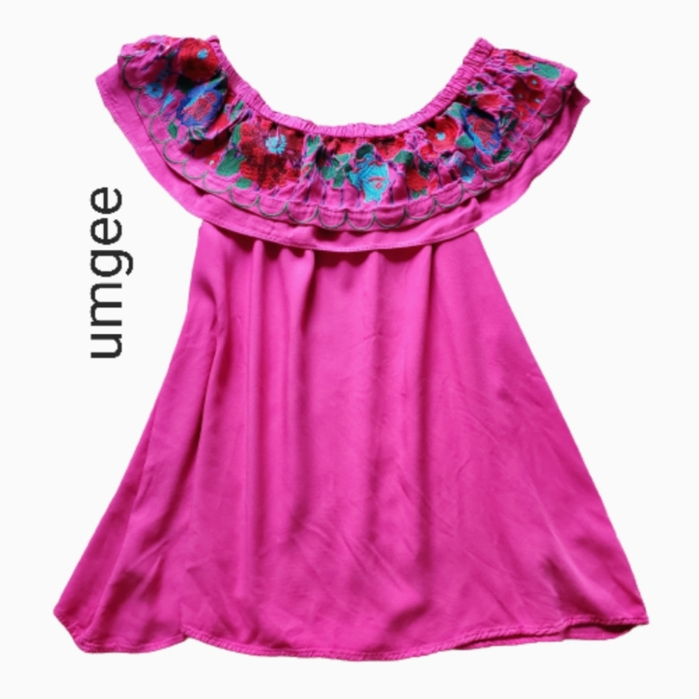 Umgee Boho Pink Off Shoulder Embroidered Ruffle Top Mini Dress Size L